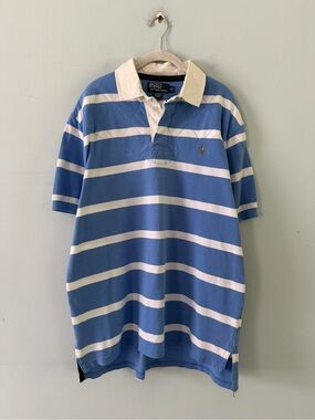 Polo Ralph Lauren Rugby Blue White Stripe Polo Shirt Quilted Cotton Short Sleeve